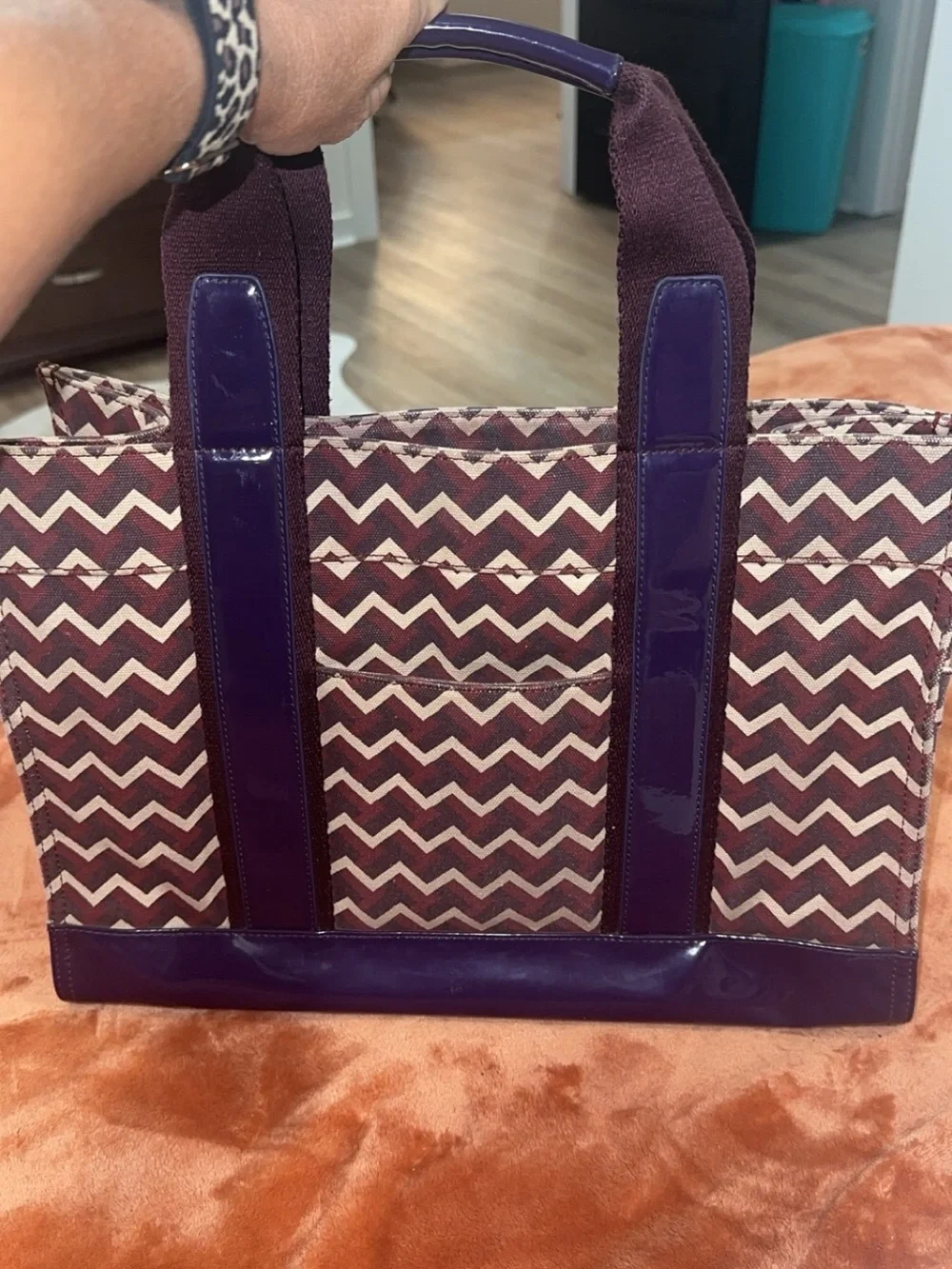 Tory Burch Purple Chevron Canvas Tote with Patent Trim